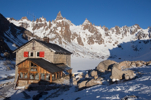 Refugio Frey and beautiful peaks that surround the isolated mountain hut